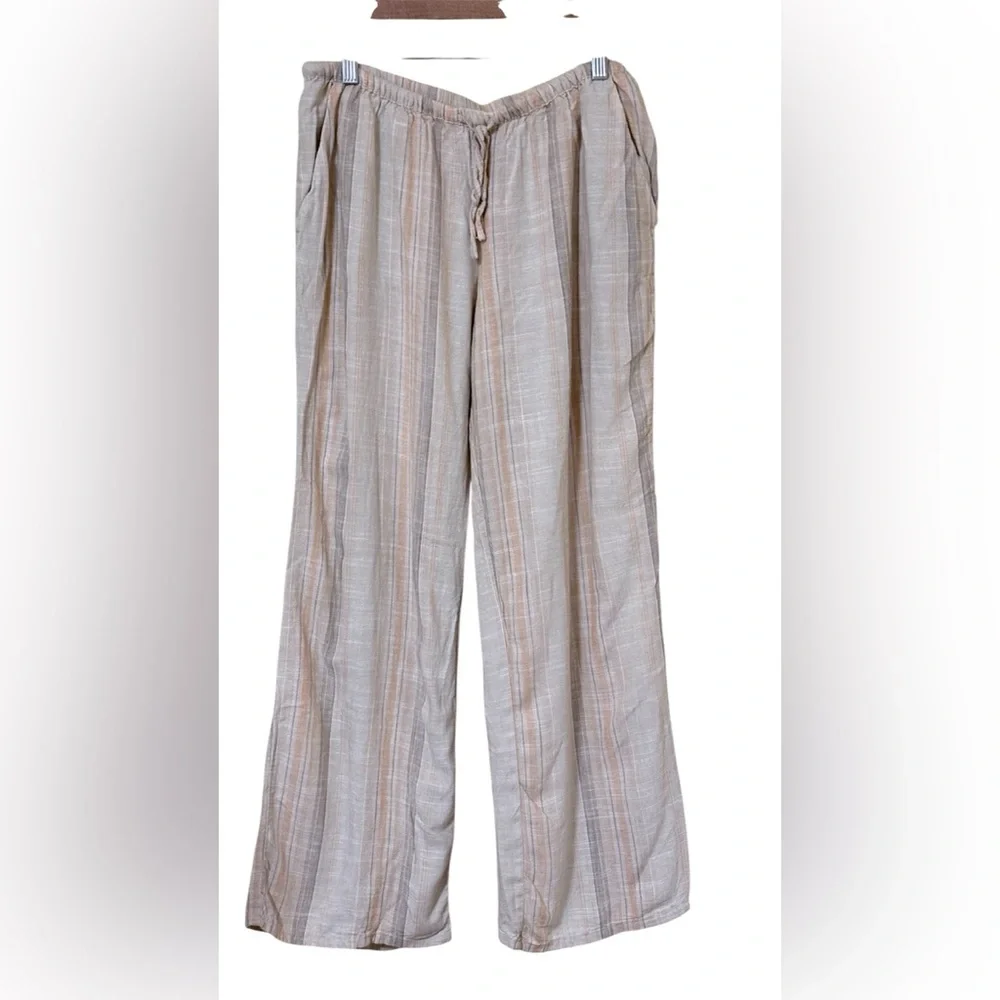 H&M Divided Women Pants Linen Viscose Blend Beige Wide Leg M Stripe
